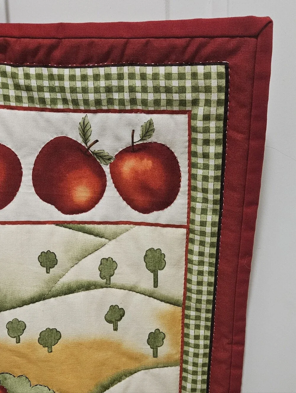 Vintage Quilted Wall Hanging Red Barn Apple Farm Country Cottagecore Tapestry